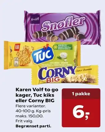 Kvickly Karen Volf to go kager, Tuc kiks eller Corny BIG tilbud