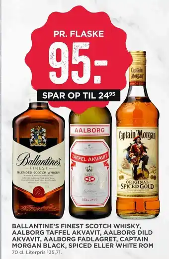 MENY Ballantine's finest scotch whisky, aalborg taffel akvavit, aalborg dild akvavit, aalborg fadlagret, captain morgan black, spi tilbud