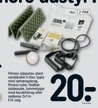 REMA 1000 Fitness sjippetov, plast vanddunke 5 liter, lygte med ophængskrog, fitness tube, foldbar siddepude, lommelygte med karabinkro tilbud