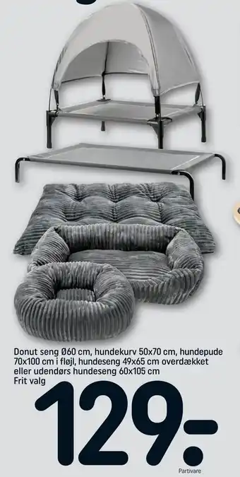 Donut seng Ø60 cm, hundekurv 50x70 cm, hundepude 70x100 cm i fløjl, hundeseng 49x65 cm overdækket eller udendørs hundeseng 60