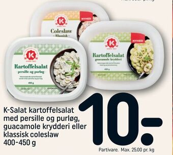 REMA 1000 K-Salat kartoffelsalat med persille og purløg, guacamole krydderi eller klassisk coleslaw tilbud
