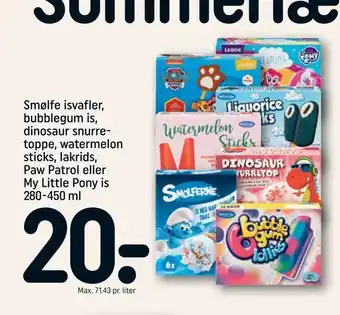 REMA 1000 Smølfe isvafler, bubblegum is, dinosaur snurre toppe, watermelon sticks, lakrids, Paw Patrol eller My Little Pony is tilbud