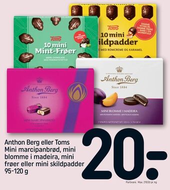 REMA 1000 Anthon Berg eller Toms Mini marcipanbrød, mini blomme i madeira, mini frøer eller mini skildpadder tilbud