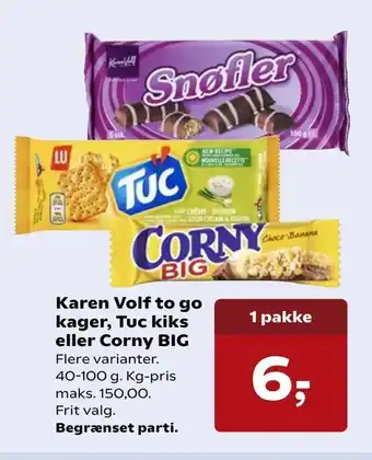 SuperBrugsen Karen Volf to go kager, Tuc kiks eller Corny BIG tilbud