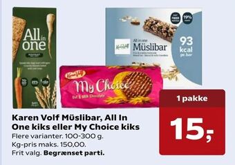 Kvickly Karen Volf Müslibar, All In One kiks eller My Choice kiks tilbud