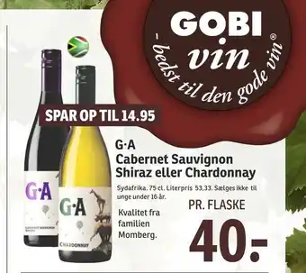 SPAR G A Cabernet Sauvignon Shiraz eller Chardonnay tilbud