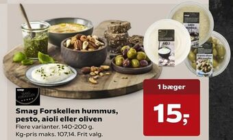 SuperBrugsen Smag Forskellen hummus, pesto, aioli eller oliven tilbud