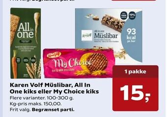 SuperBrugsen Karen Volf Müslibar, All In One kiks eller My Choice kiks tilbud