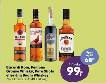 Kvickly Bacardi Rom, Famous Grouse Whisky, Pure Shots eller Jim Beam Whiskey tilbud
