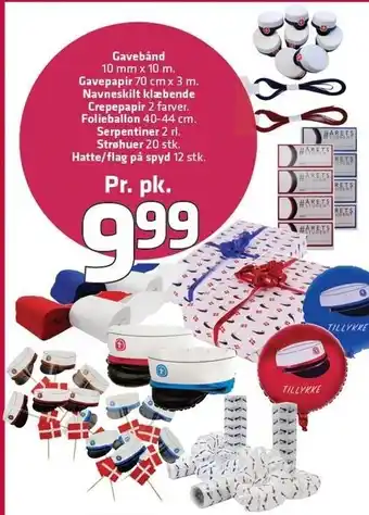 Gavebånd, gavepapir, navneskilt klæbende, crepepapir, folieballon, serpentiner, strøhuer el. hatte/flag på spyd