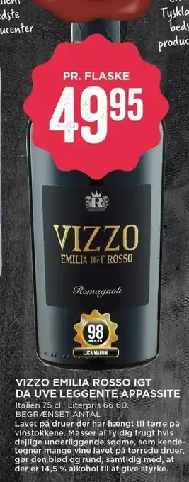 MENY Vizzo Emilia Rosso IGT DA UVE LEGGENTE APPASITE tilbud
