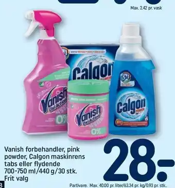 REMA 1000 Vanish forbehandler, pink powder, Calgon maskinrens tabs el. flydende tilbud