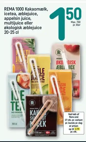Kakaomælk, icetea, æblejuice, appelsin juice, multijuice el. øko æblejuice