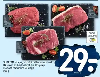 Supreme ribeye, striploin el. rumpsteak Oksekød af høj kvalitet fra Uruguay Modnet minimum 28 dage
