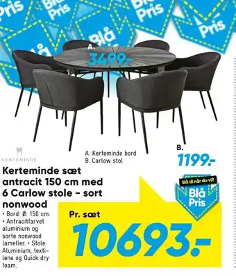 Bilka Kerteminde sæt antracit 150 cm med 6 Carlow stole - sort nonwood tilbud