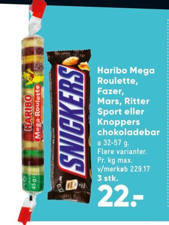 Bilka Haribo Mega Roulette, Fazer, Mars, Ritter Sport eller Knoppers chokoladebar tilbud