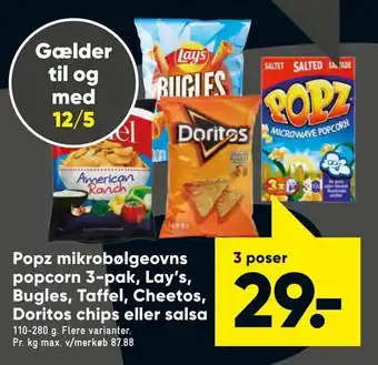 Bilka Popz mikrobølgeovns popcorn 3-pak, Lay's, Bugles, Taffel, Cheetos, Doritos chips eller salsa tilbud