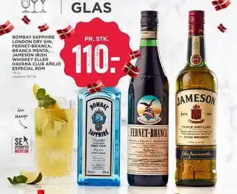 MENY Bombay sapphire london dry gin, fernet-branca, branca menta, jameson irish whiskey eller havana club añejo especial rom tilbud