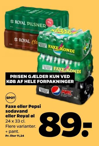 Netto Faxe eller Pepsi Sodavand eller Royal øl 24 x 33 c. tilbud