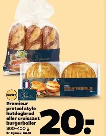 Netto Premieur pretzel style hotdogbrød el. crossaint burgerboller tilbud
