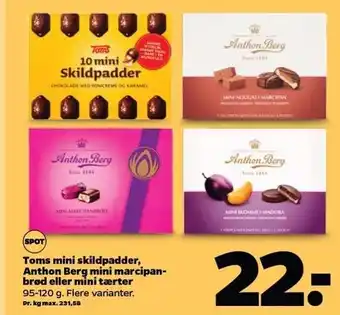Netto Toms mini skildpadder, Anthon Berg mini marcipanbrød el. mini tærter tilbud