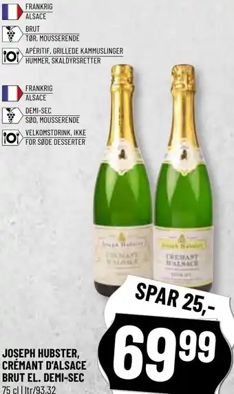 Joseph Hubster, Crémant D'Alsace Brut. El. Demi-Sec 75 cl