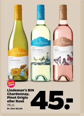 Netto Lindeman's BIN Chardonnay, Pinot Grigio eller Rosé tilbud