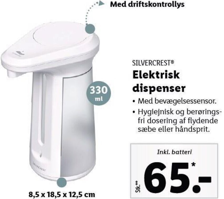 Elektrisk Dispenser 8,5 x 18,5 x 12,5 cm tilbud hos Lidl