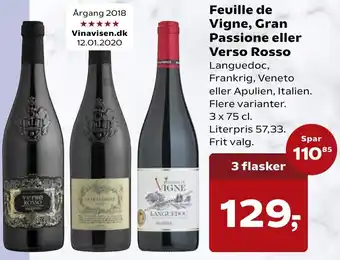 SuperBrugsen Feville De Vigne,Gran Passione Eller Verso Rosso 3x75 cl tilbud