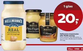 SuperBrugsen Hellmanns Mayonnaise Eller Maille Sennep 230-400 g/225 ml tilbud