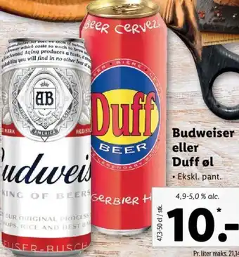 Lidl Budweiser Eller Duff øl 47,3-50 cl tilbud