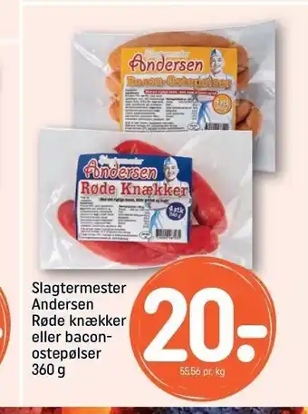 REMA 1000 Slagermester Andersen røde knækker el. baconostepølser tilbud