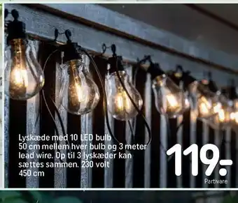 REMA 1000 Lyskæde m. 10 LED bulb 50 cm mellem hver bulb og 3 meter lead wire. Op til 3 lyskæder kan sættes sammen 230 volt 450 cm tilbud