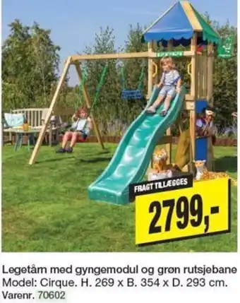 Harald Nyborg Legetårn med gyngemodul og grøn rutsjebane H. 269 x B. 354 x D. 293 cm 70602 tilbud
