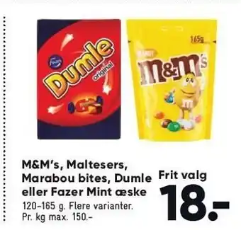 Bilka M&M's, Maltesers, Marabou bites, Dumle el. Fazer Mint æske tilbud