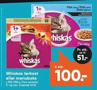 Bilka Whiskas tørkost el. menuboks 4 stk. tilbud