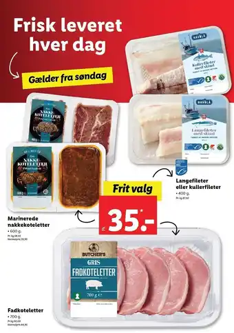 Lidl Marinerede Nakkekoteletter 600 g, Langefileter eller Kullerfileter 400 g eller Fadkoteletter 700 g tilbud