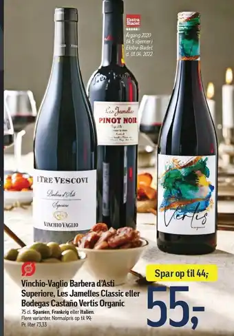 Vinchio-Vaglio Barbera d´Asti Superiore, Les Jamelles Classic el. Bodegas Castano Vertis Organic