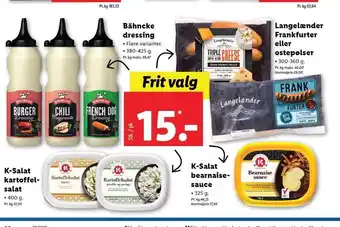 Lidl K-Salat kartoffelsalat, K-Salat bearnaisesauce, Bähncke dressing el. Langelænder Frankfurter el. ostepølser tilbud