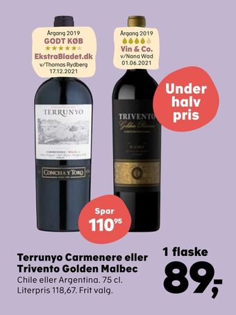 Terrunyo Carmenere eller Trivento Golden Malbec
