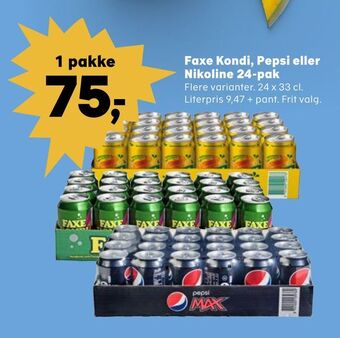 Kvickly Faxe Kondi, Pepsi eller Nikoline 24-pak tilbud