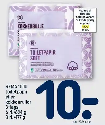 REMA 1000 REMA 1000 toiletpapir el. køkkenruller 3-lags tilbud