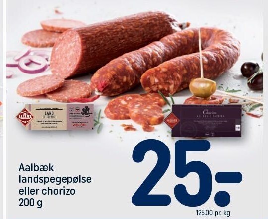 Rema 1000 Aalbæk landspegepølse el. chorizo tilbud