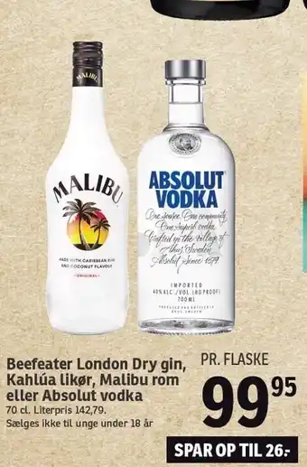 SPAR Beefeater London dry gin, Kahlúa likør, Maliby rom eller Absolut vodka tilbud