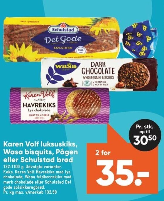 Bilka Karen Volf luksuskiks, Wasa bisquits, Pågen el. Schulstad brød 2 stk. tilbud