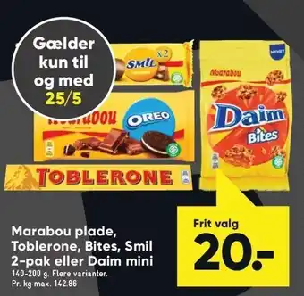 Bilka Marabou plade, Toblerone, Bites, Smil 2-pak eller Daim mini tilbud