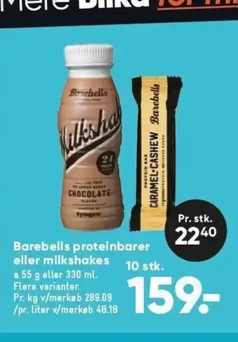 Bilka Barebells proteinbar el. milkshakes 10 stk. tilbud