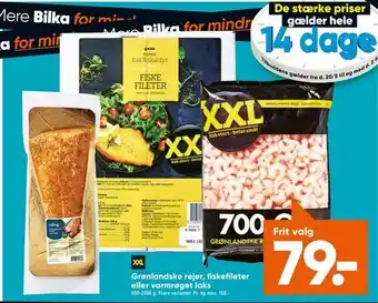 Grønlandske rejer, fiskefileter eller varmrøget laks