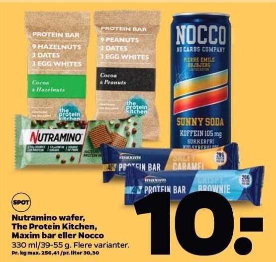 Nutramino wafer, The Protein Kitchen, Maxim bar el. Nocco tilbud hos Netto