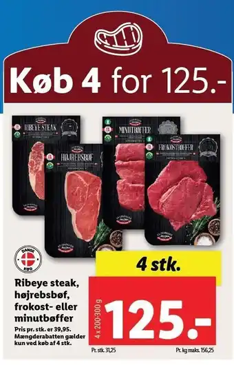 Lidl Ribeye steak, højrebsbøf, frokost- eller minutbøffer 4 stk. tilbud